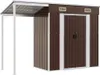 A brown metal garden shed with a white frame and an attached canopy. Podgląd zdjęcia produktu