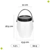 A white plastic barrel container with a black lid and handle, shown with measurement indicators. Produktbild-Vorschau