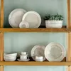 Ceramic tableware and a potted succulent plant displayed on wooden shelves. Produktbild-Vorschau