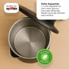 Overhead view of an open stainless steel kettle on a wooden surface, with marketing text and logos. Produktbild-Vorschau