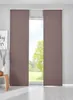 Two taupe panel curtains are shown covering a window with a view of trees and a lawn. Produktbild-Vorschau