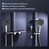 A split image showing a shower system with a handheld showerhead and a shelf. The left side shows the showerhead at a fixed position, and the right side illustrates its adjustable height with arrows. Podgląd zdjęcia produktu