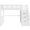 A white loft bed with stairs and storage is shown against a white background. Voir les images du produit