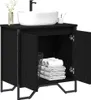 A black vanity cabinet with a white sink on top and its doors open, revealing towels and a basket inside. Produktbild-Vorschau