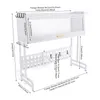 A white dish drying rack with dimensions and measurements indicated by text and lines. Podgląd zdjęcia produktu