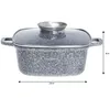 A gray speckled pot with a glass lid and silver handles is shown against a white background. Dimensions are indicated by arrows and text. Voir les images du produit