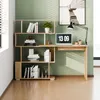 A modern home office setup with a wooden desk and bookshelf against a green wall. Voir les images du produit