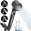 A shower head with multiple spray settings and two replacement filters, presented against a white background with water splashes. Anteprima dell’immagine prodotto