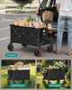A collage of images showing a foldable wagon being used for shopping, picking up packages, and gardening. The top image shows the wagon loaded with groceries next to a car, with text overlays. The bottom left shows the wagon with packages, and the bottom r Produktbild-Vorschau