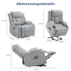 Collage of a gray recliner chair with dimensions shown in different configurations. Podgląd zdjęcia produktu