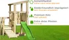 A wooden playground tower with a green slide and ramp, set against a green grassy background. Produktbild-Vorschau