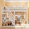 A white loft bed with stairs and integrated desk and storage, set in a child's bedroom with orange walls. Produktbild-Vorschau