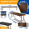 Collage of images showing a foldable plastic table and benches in brown, with dimensions and features highlighted. Produktbild-Vorschau