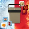 A collage showing a tan and black PEME Essential 26 Liter electric cooler box in the center, surrounded by various food items and a can of cola, set against a background split between ice/snow and fire. Anteprima dell’immagine prodotto