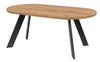 A wooden oval dining table with black metal legs, shown from a side angle against a white background. Produktbild-Vorschau