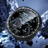 A smartwatch with a diamond-encrusted bezel is displayed against a dark, abstract background with blue and black elements. Produktbild-Vorschau