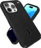 A black Speck Presidio2 Grip ClickLock & MagSafe case for an iPhone 16 Pro is shown at an angle, with the phone's screen visible. Náhled obrázku produktu