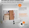 A white mailbox is shown open, filled with mail, with text overlays describing its features. Produktbild-Vorschau