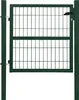A green metal garden gate with a latch, mounted on posts. Produktbild-Vorschau