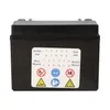 A black battery with a label showing production date information and safety symbols. Produktbild-Vorschau