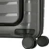 A close-up view of the wheels and bottom corner of a gray suitcase. Produktbild-Vorschau