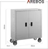 A gray metal storage cabinet with two doors and wheels, shown in a studio setting with dimensions indicated. Produktbild-Vorschau