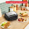 A Tefal 3-in-1 contact grill is shown on a kitchen counter, with various snacks like waffles and sandwiches displayed around it. Podgląd zdjęcia produktu