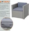 A marketing image showing a grey polyrattan lounge chair with blue cushions, accompanied by descriptive text and a close-up detail of a cushion zipper. Produktbild-Vorschau