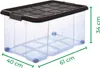 A clear product shot of a transparent storage box with a black lid, showing its dimensions. Anteprima dell’immagine prodotto