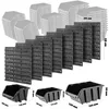 A collection of black storage bins and gray stacked bins, with dimensions indicated by text overlays. Podgląd zdjęcia produktu