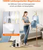 A woman is using a garment steamer on a blue sweater hanging on a rack, with a steamer unit on the floor. Inset images show the steamer head and steam output. Produktbild-Vorschau