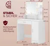 A white vanity table with a mirror and LED lights, showing dimensions. Produktbild-Vorschau