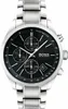 A close-up studio shot of a Hugo Boss chronograph watch with a black dial and silver metal band. Produktbild-Vorschau