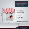A glass jar with a red and white checkered lid, displaying dimensions and volume information. Produktbild-Vorschau
