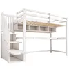 A white loft bed with stairs, a desk, and shelving units, shown from a side angle against a white background. Produktbild-Vorschau