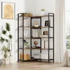 A corner bookshelf filled with books, decorative items, and plants. Produktbild-Vorschau
