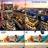 A collage of images showcasing a digital camera with zoom capabilities and different resolution outputs, alongside lifestyle shots of people using the camera. Produktbild-Vorschau