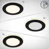 A collage of three images showing a round ceiling light with a black rim and a white light source, demonstrating different brightness levels. Produktbild-Vorschau