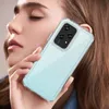 A person holding a transparent phone case with a light blue textured back. Produktbild-Vorschau