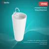 A white pedestal sink with a faucet is shown against a teal background with abstract wavy lines. Produktbild-Vorschau