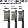 Three different toothbrush heads are displayed side-by-side, each labeled with its type. Produktbild-Vorschau