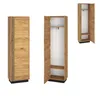 Three views of a tall, narrow wardrobe with a wood-grain finish and black base. Produktbild-Vorschau