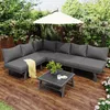 An outdoor patio scene with a sectional sofa and coffee table. Produktbild-Vorschau