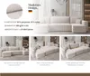 Collage of images showing a modern cream-colored sectional sofa with different views and feature callouts. Produktbild-Vorschau