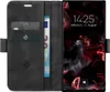 A black flip-style phone case with card slots and a banknote, open to reveal a smartphone screen displaying the time and date. Produktbild-Vorschau