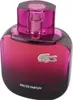 Glänzender, violett-pinker Flakon von Lacoste mit silberner Krokodil-Stickerei und schlichtem Schriftzug, elegantes Design für Damenduft. Produktbild-Vorschau