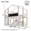 A diagram showing the dimensions of a bunk bed with a slide and chalkboard. Náhled obrázku produktu