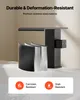 A black faucet is shown with layered material samples and feature icons at the bottom. Náhled obrázku produktu