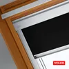 Close-up of a black roller blind installed in a wooden framed skylight. Produktbild-Vorschau