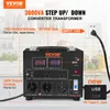 A VEVOR 3000VA step up/down converter transformer is shown on a countertop with kitchen items in the background. The transformer has digital displays and various output sockets. Produktbild-Vorschau
